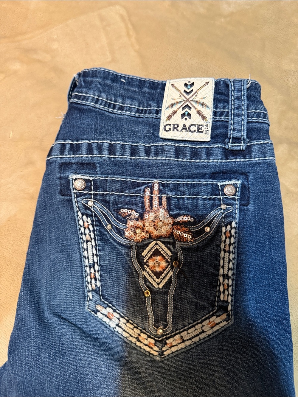 Grace Blue Boot Cut Jeans with Embroidered Pocket